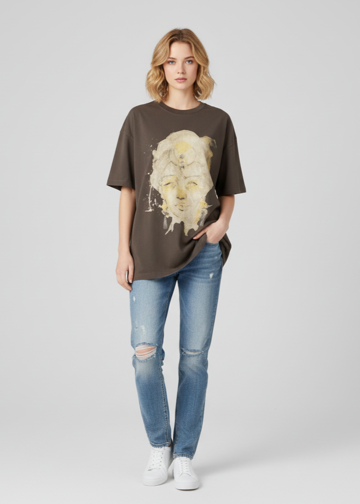 Woman wearing a brown t-shirt with a graphic design and blue jeans on a white background