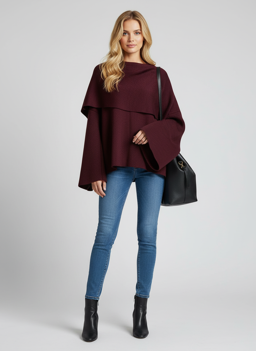 Woman wearing a burgundy poncho, blue jeans, and black boots on a light gray background