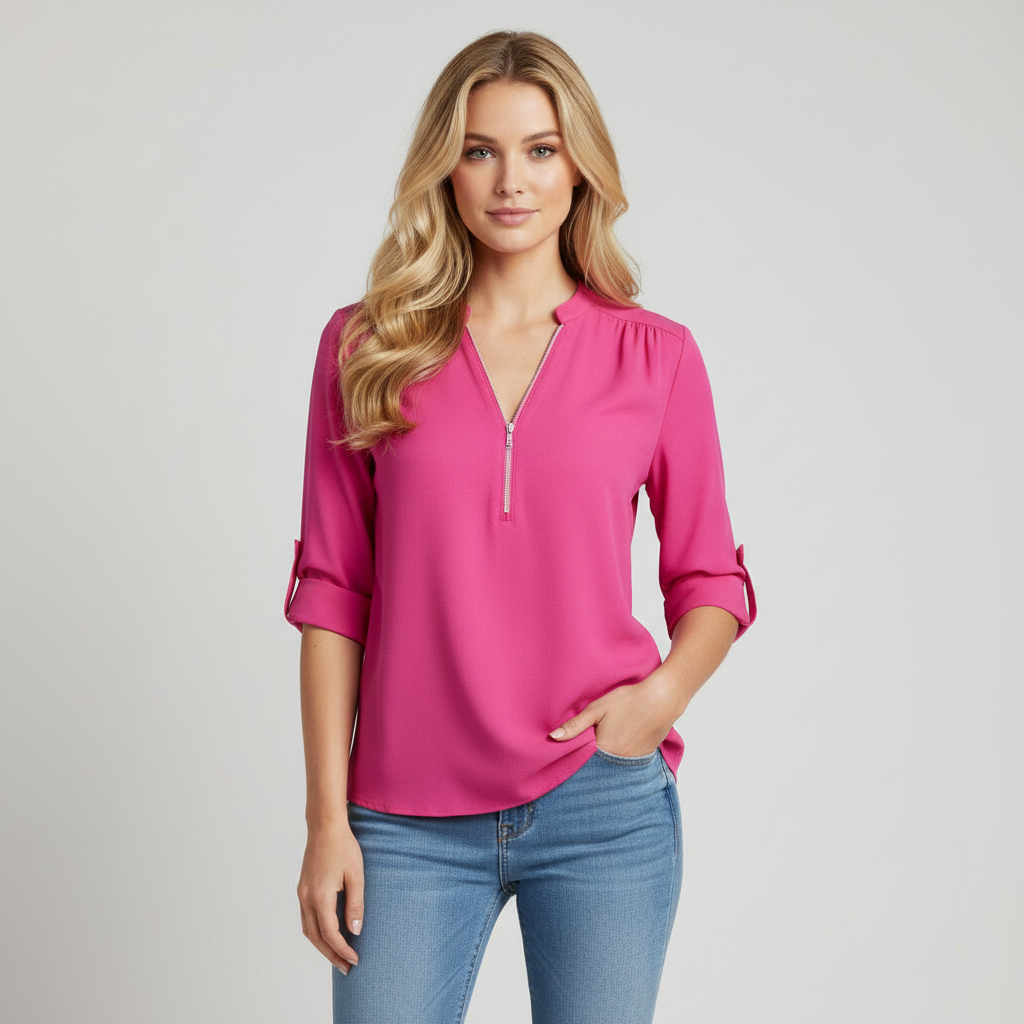 V-Neck Roll-Tab Sleeve Top