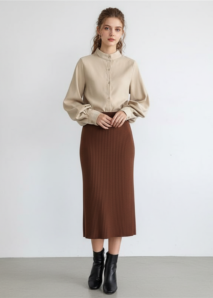 Woman wearing a beige blouse and brown skirt against a white background