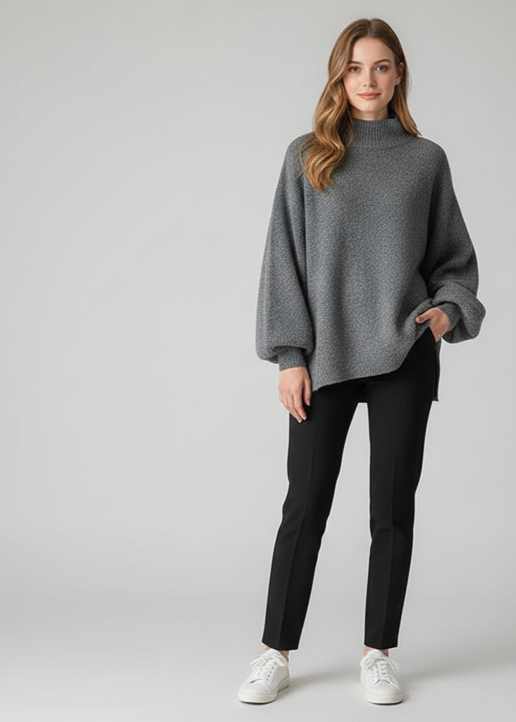 Woman wearing a gray poncho and black pants on a plain background