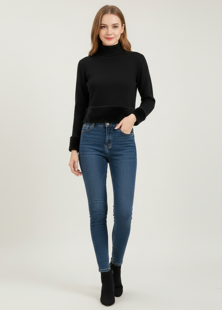Woman wearing a black turtleneck and blue jeans on a white background