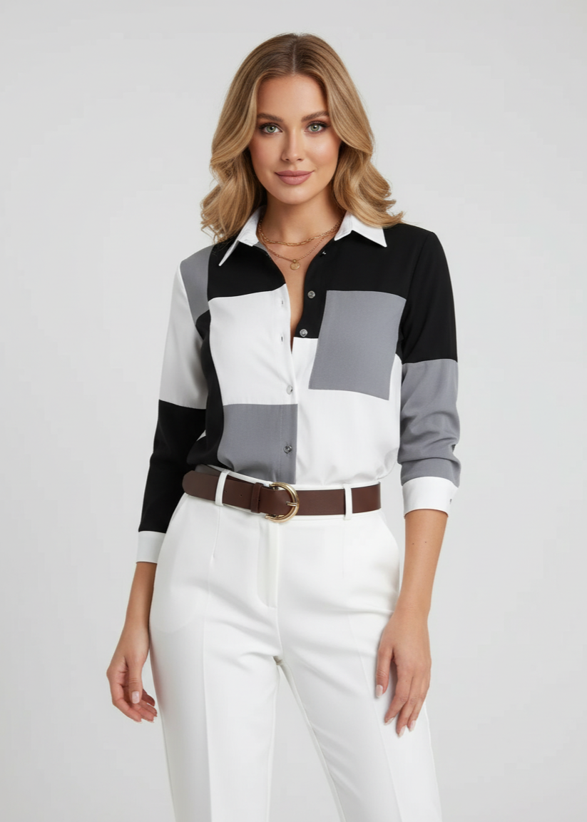 Woman wearing a color-blocked shirt and white pants on a plain background