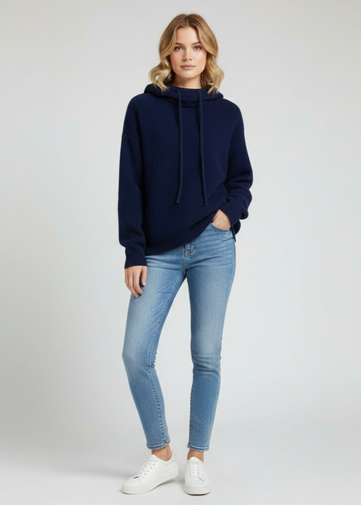 Woman wearing a navy sweater and light blue jeans on a white background