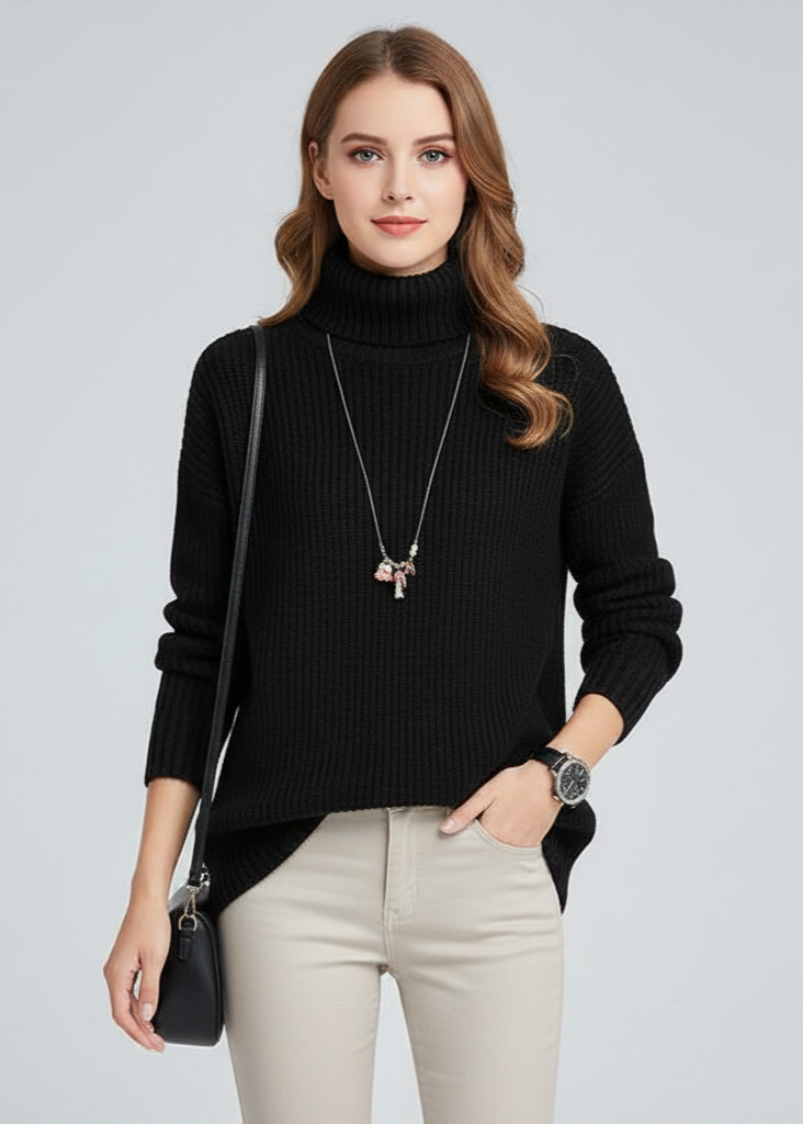 Woman wearing a black turtleneck sweater and beige pants on a gray background