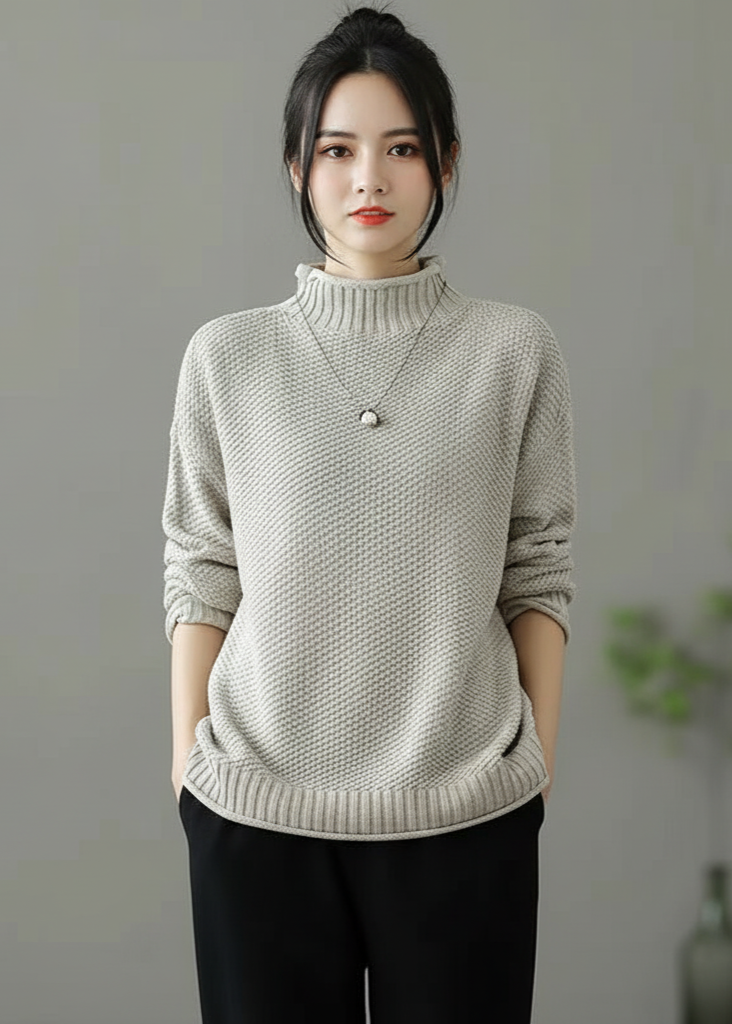 Woman wearing a light gray sweater and black pants against a plain background