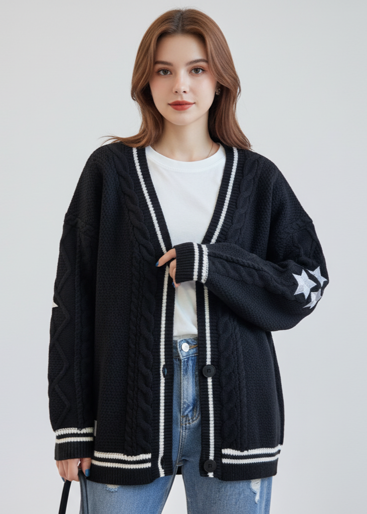 Woman wearing a black cardigan with white trim on a plain background