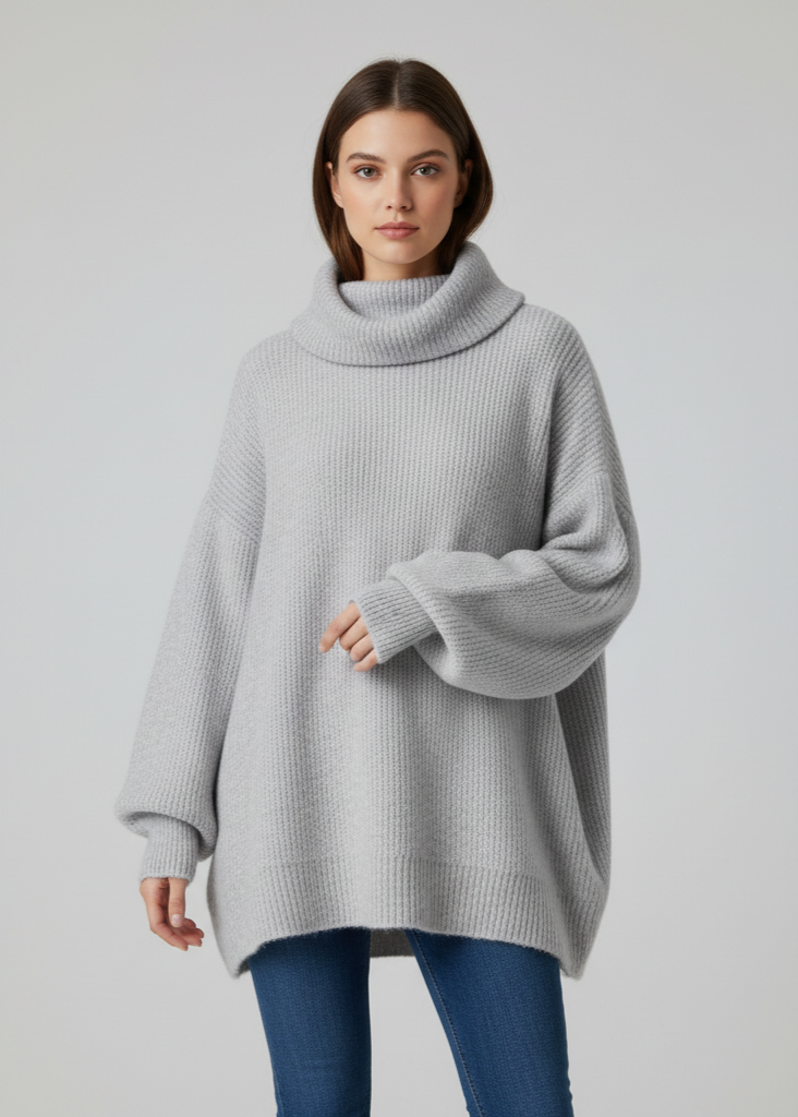 Woman wearing a light gray oversized sweater on a plain background