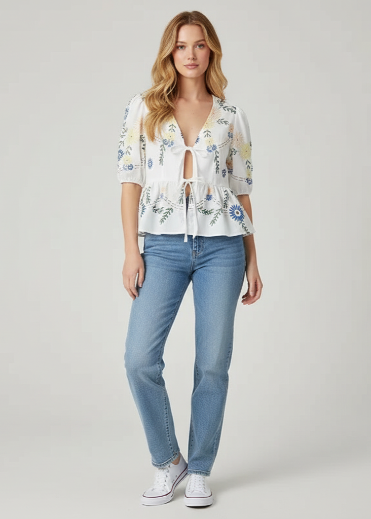 Blue & White Floral Tie-Front Peplum Top