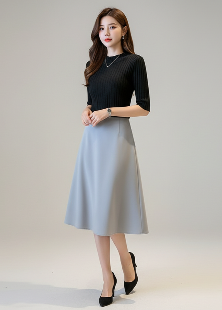 Woman wearing a black top and light gray skirt on a plain background