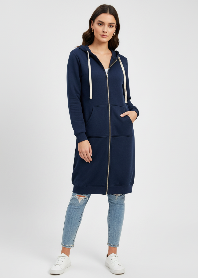 Woman wearing a navy blue hoodie dress with white accents on a light gray background