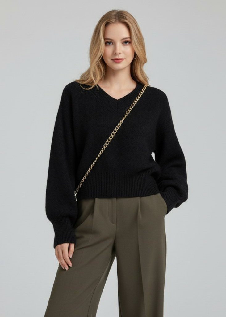 Woman wearing a black sweater and green pants with a gold chain bag on a gray background