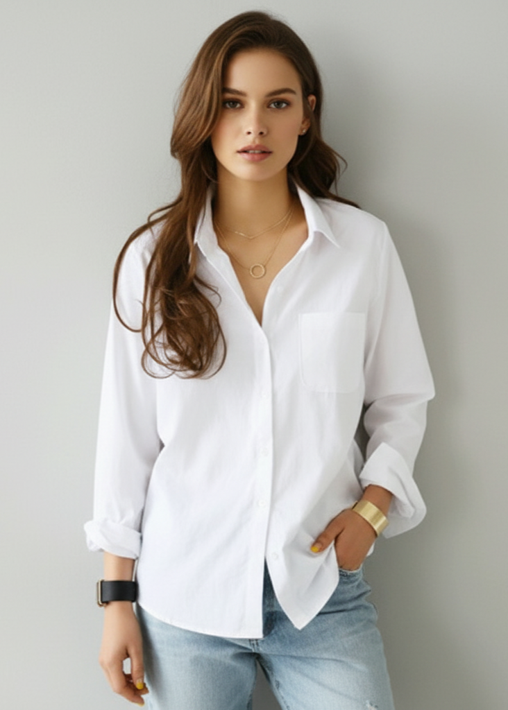 Woman wearing a white shirt and light blue jeans against a plain background