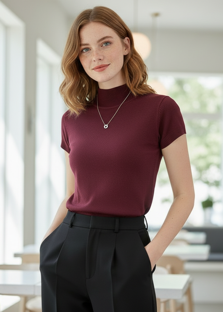 Neck Short Sleeve Knit Top for Women