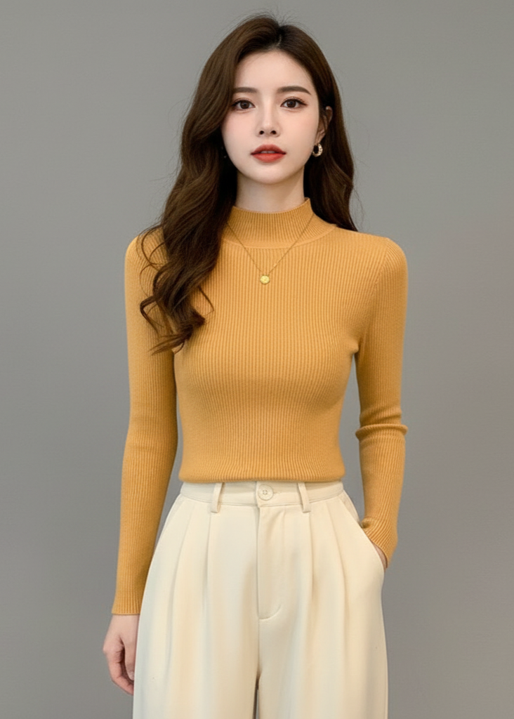 Woman wearing a mustard yellow ribbed long-sleeve top and white pants on a gray background
