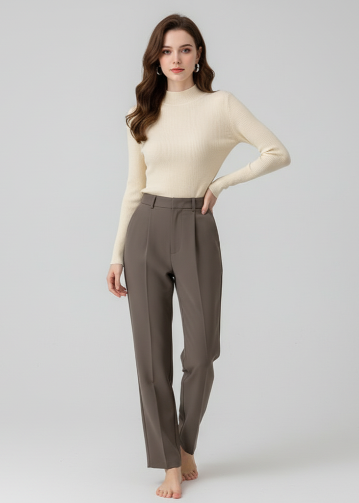 Woman wearing a beige top and brown pants on a light gray background