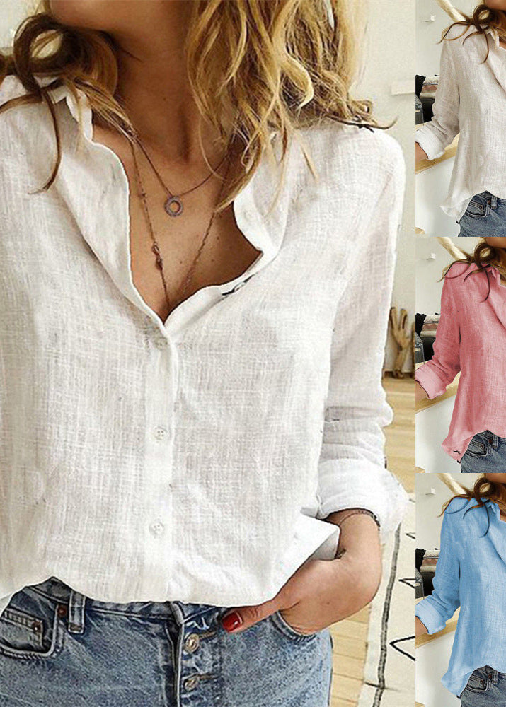 Woman wearing a white linen shirt with denim shorts, surrounded by close-up shots of the shirt.
