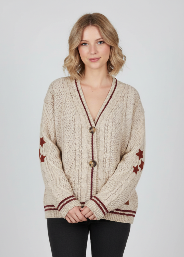 Woman wearing a cream cardigan with red accents on a plain background