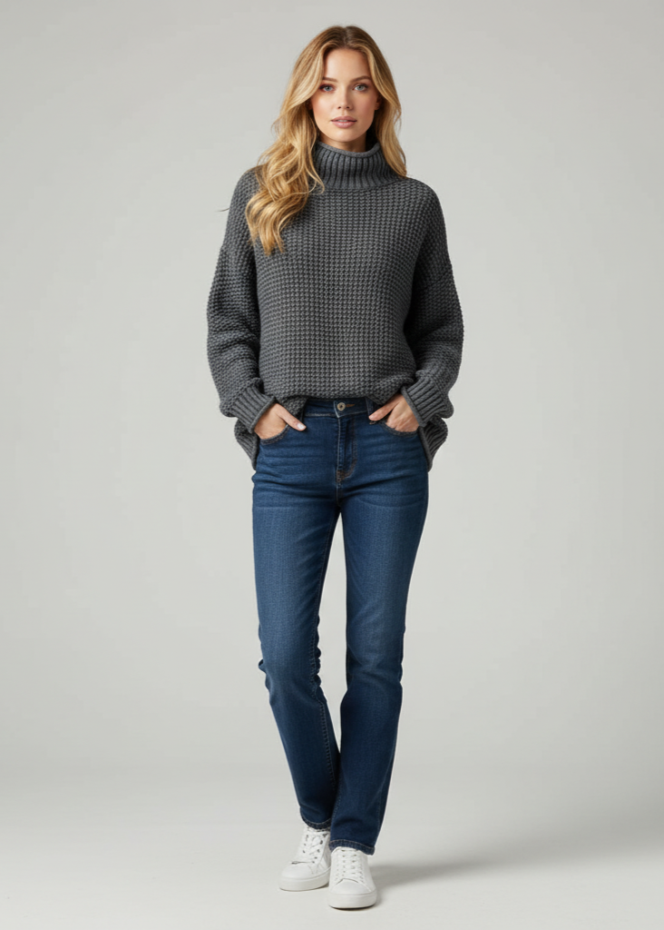 Woman wearing a gray turtleneck sweater, blue jeans, and white sneakers on a plain background