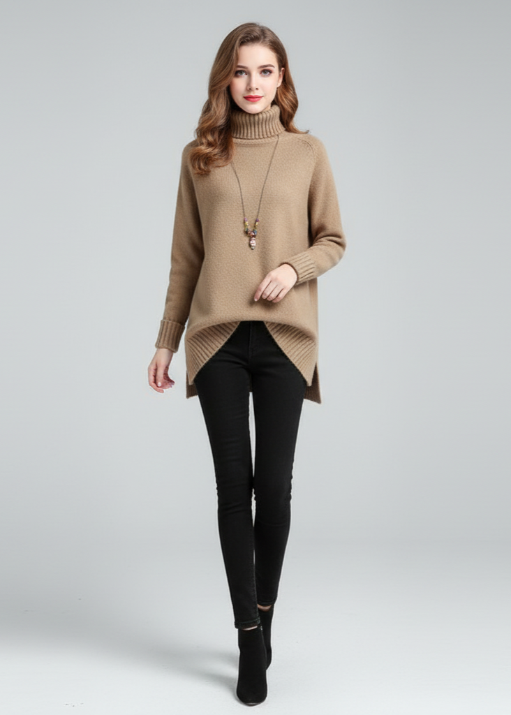 Woman wearing a beige sweater and black pants on a gray background