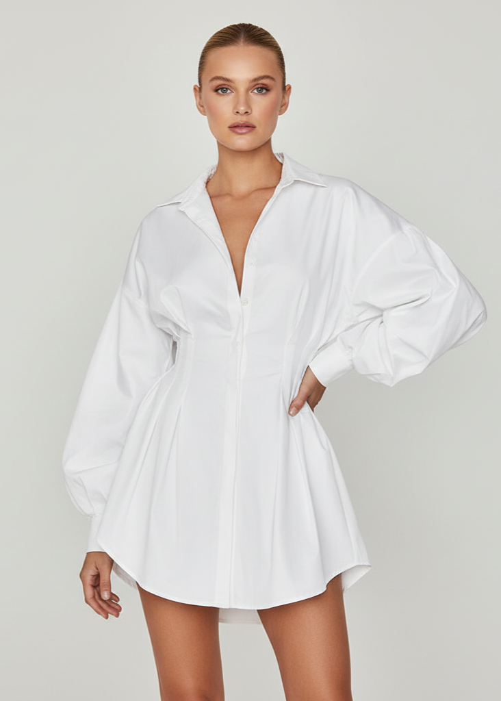Woman wearing a white shirt dress against a plain background