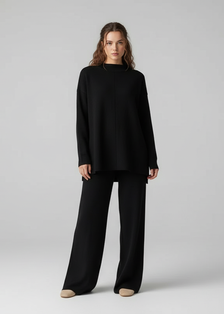 Woman wearing a black outfit on a gray background