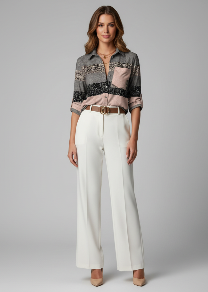 Woman wearing a patterned blouse and white pants on a gray background