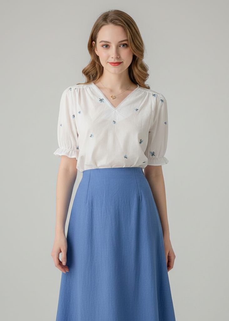 Woman wearing a white blouse with floral patterns and a blue skirt on a gray background