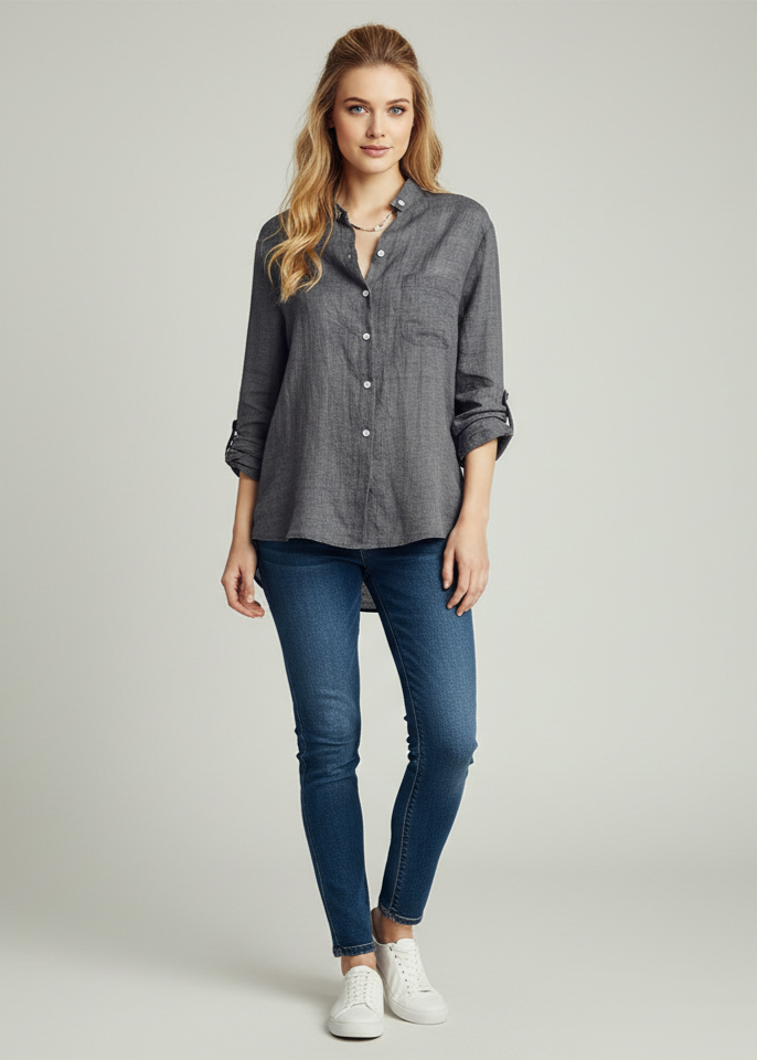 Woman wearing a gray button-up shirt and blue jeans on a plain background