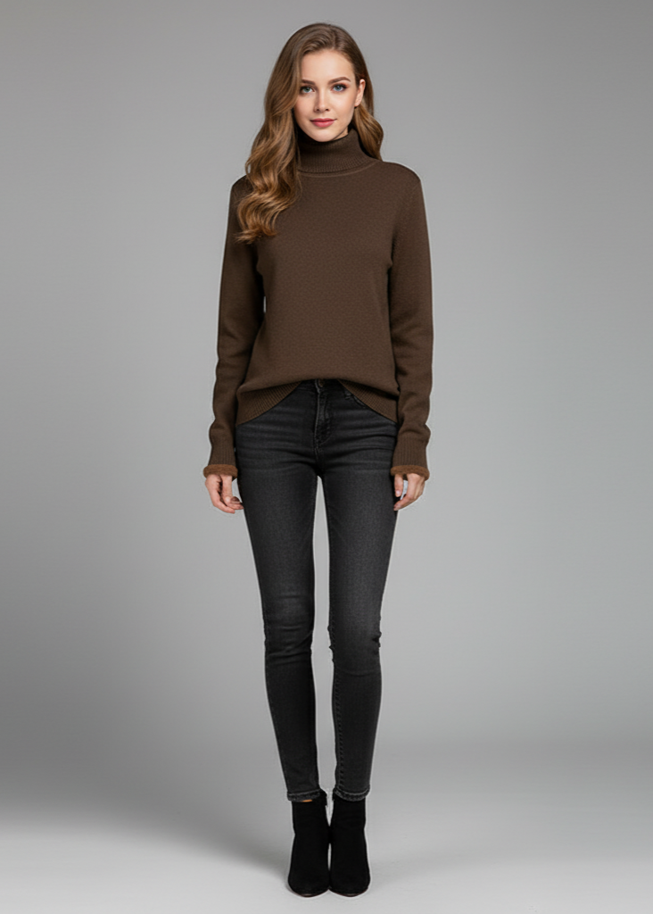 Woman wearing a brown turtleneck sweater and black jeans on a gray background