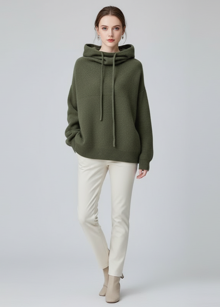 Person wearing a green hoodie and white pants on a gray background