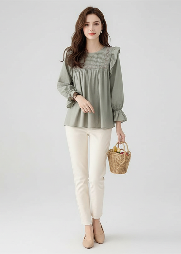 Pintuck Babydoll Top with Ruffle Cuffs