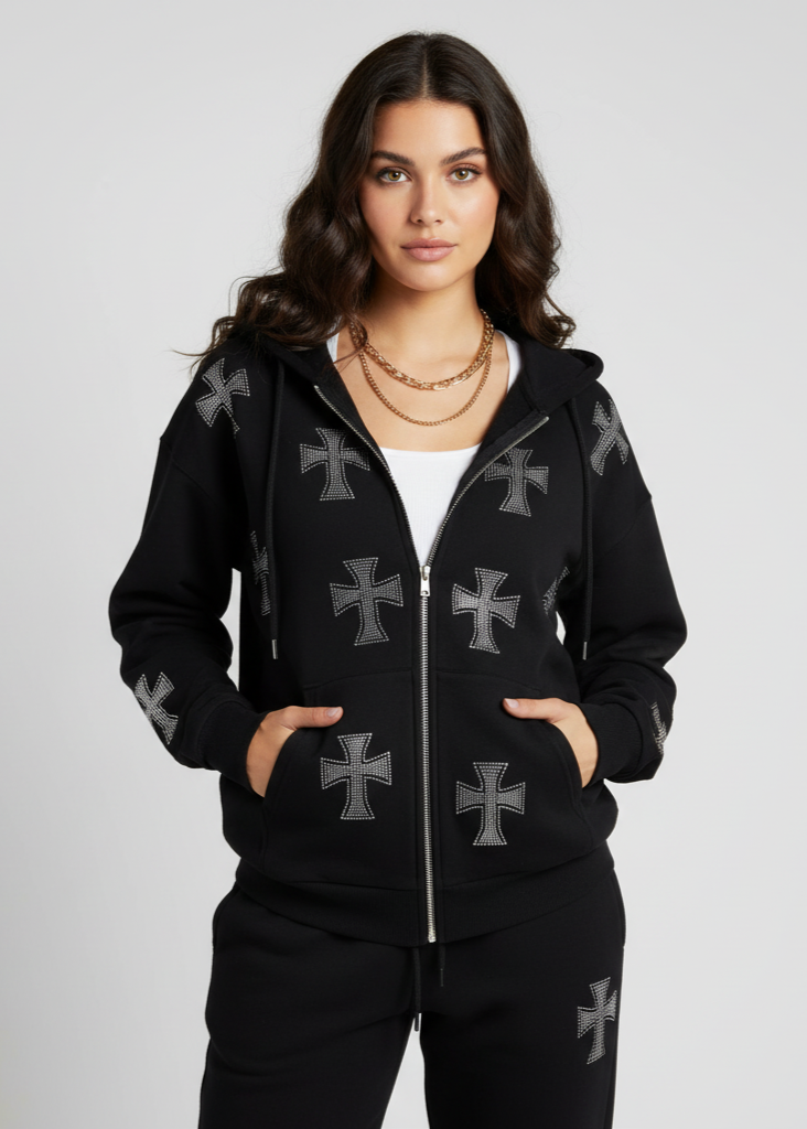 Rhinestone Cross Y2K Zip-Up Sweatshirt