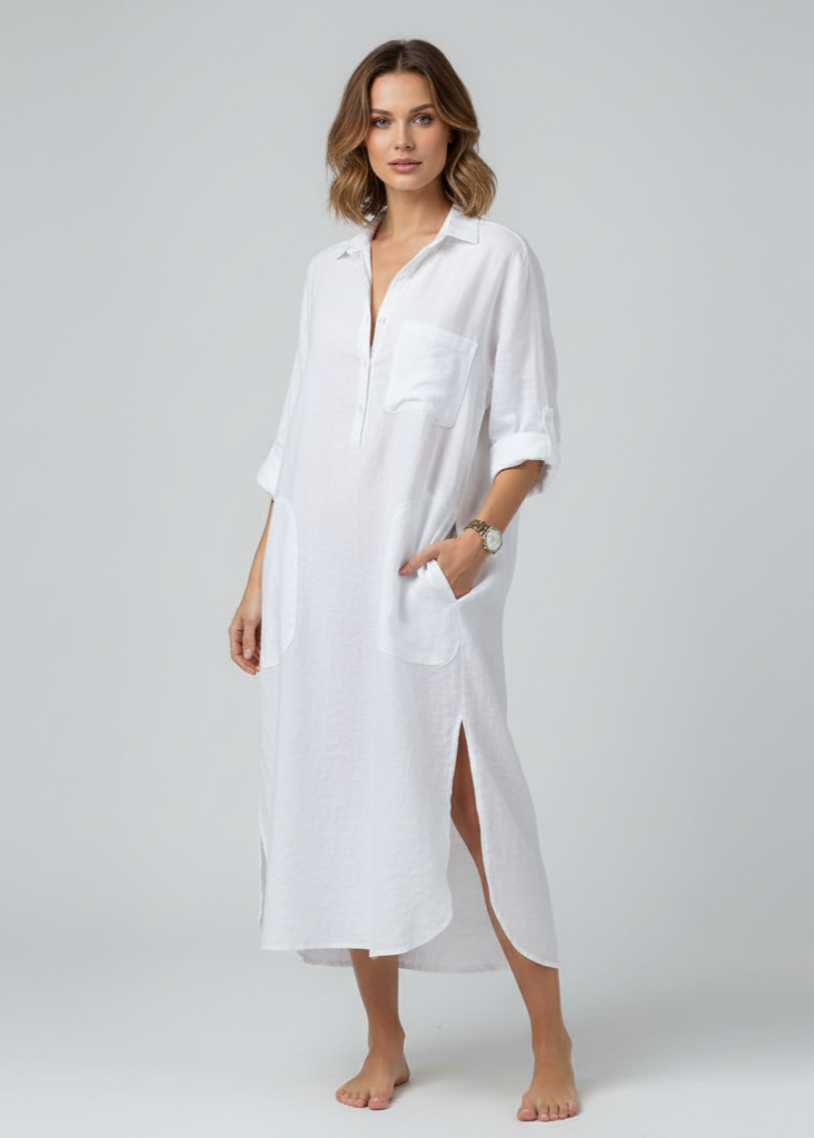 Woman wearing a white long shirt dress on a gray background