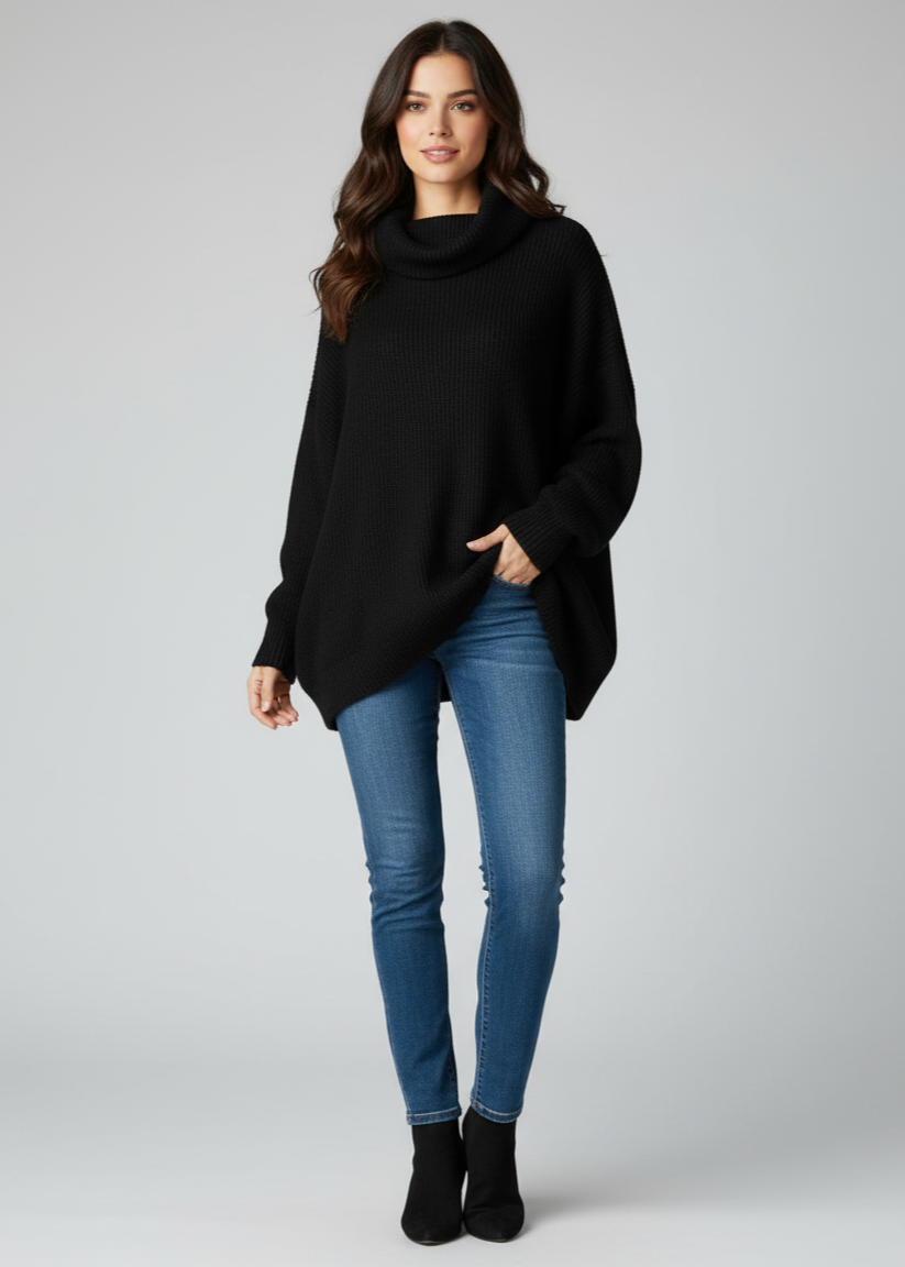Woman wearing a black poncho and blue jeans on a gray background