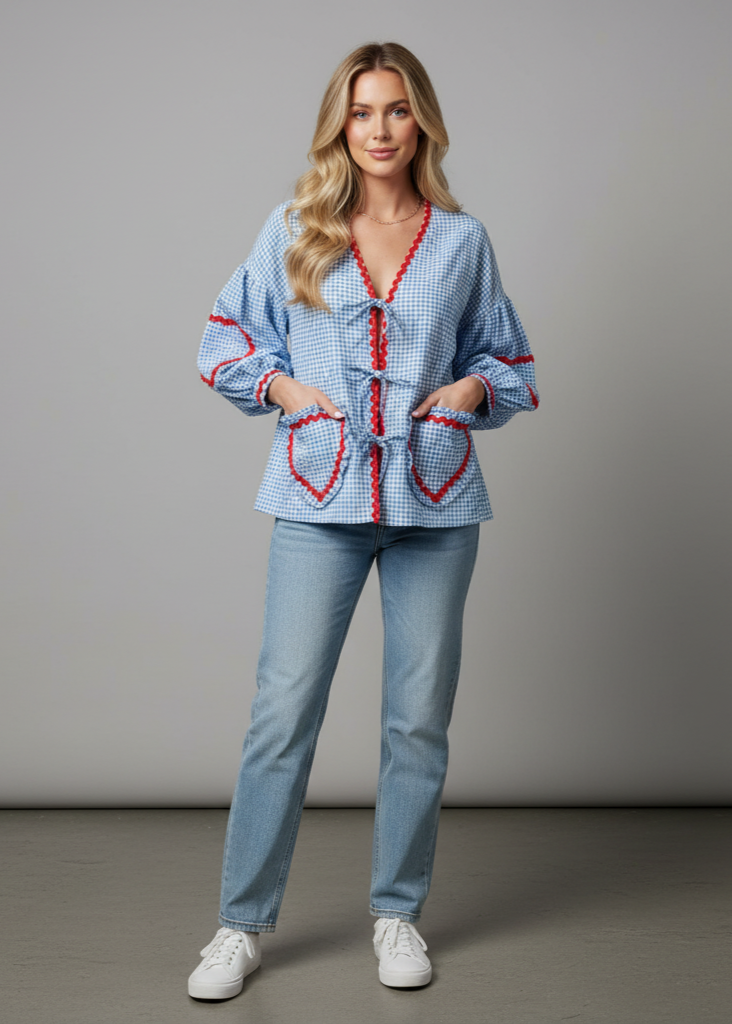 Gingham Tie-Front Top with Heart Pockets
