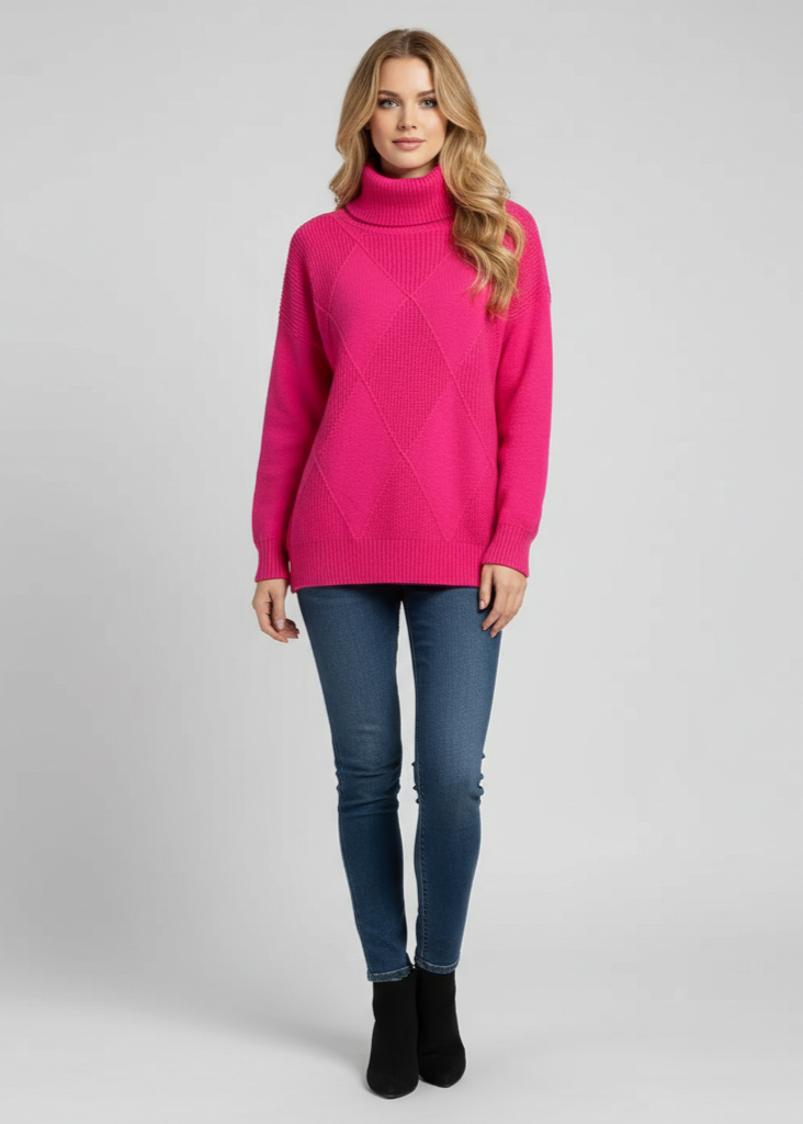 Woman wearing a bright pink sweater and blue jeans on a gray background