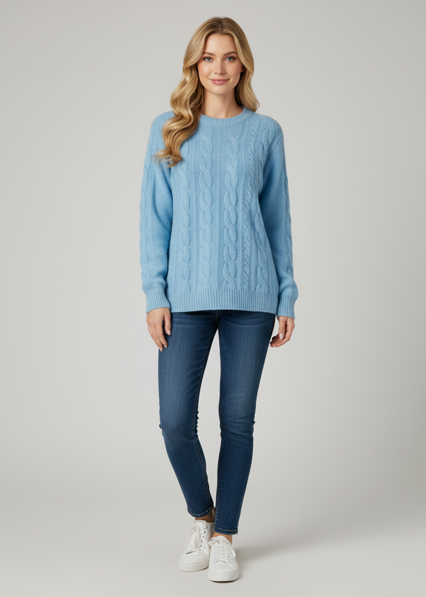 Woman wearing a light blue sweater and jeans on a gray background