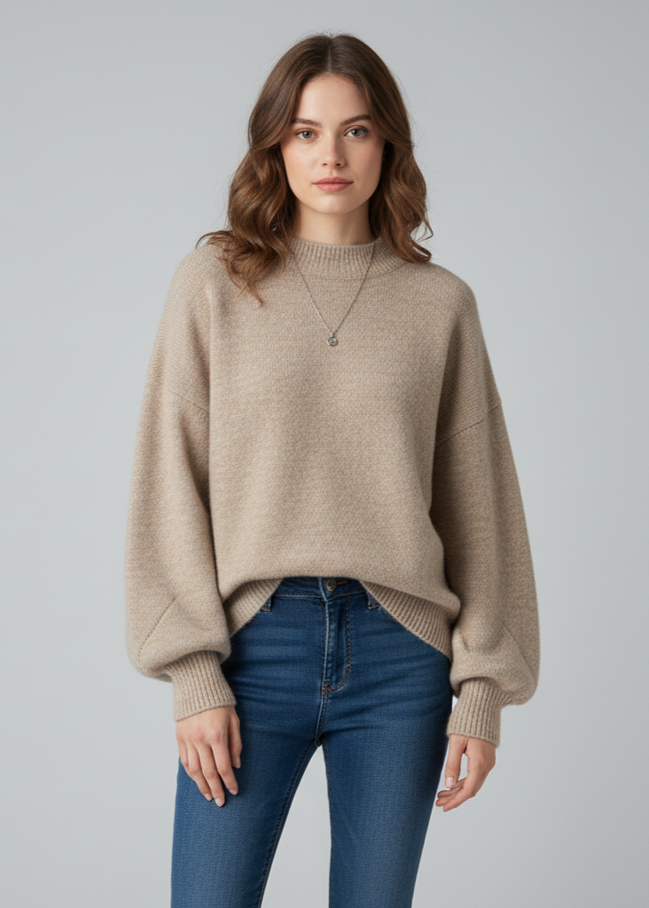 Woman wearing a beige sweater and blue jeans against a gray background