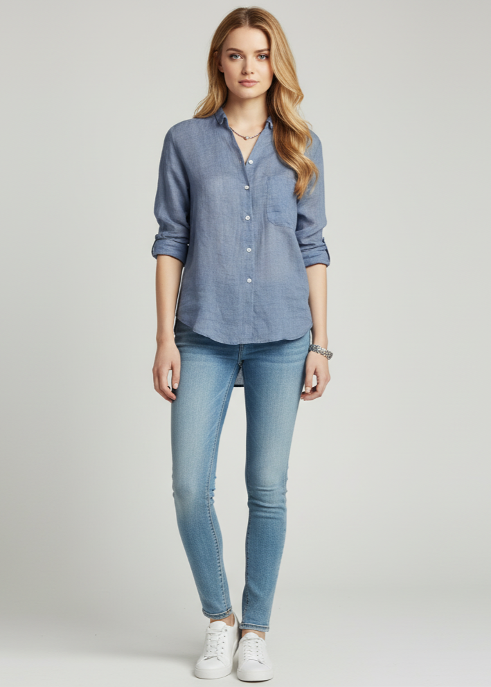 Woman wearing a blue shirt and jeans on a plain background