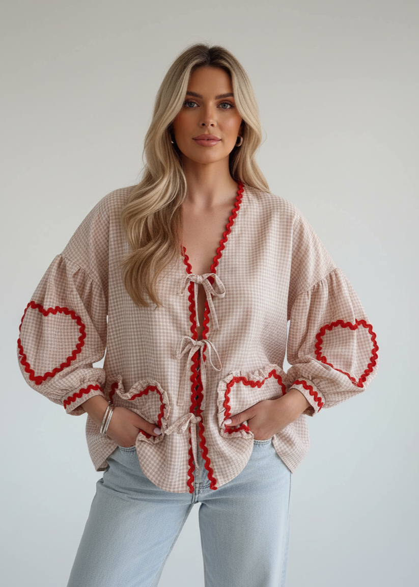 Gingham Tie-Front Top with Heart Pockets