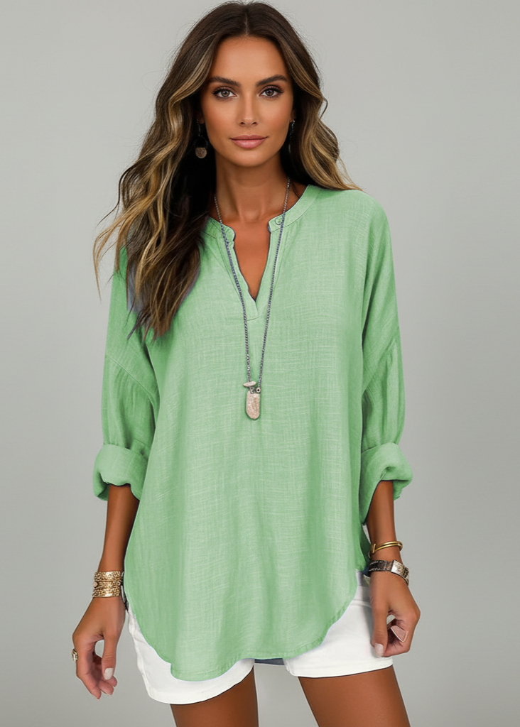 Dusty Pink Linen-Blend Top with Roll-Tab Sleeves