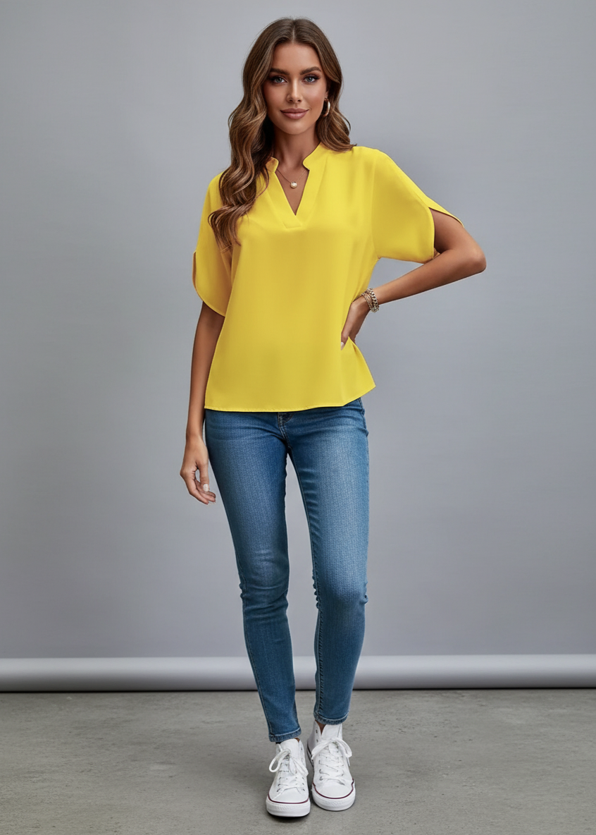 Red Petal Sleeve V-Neck Top