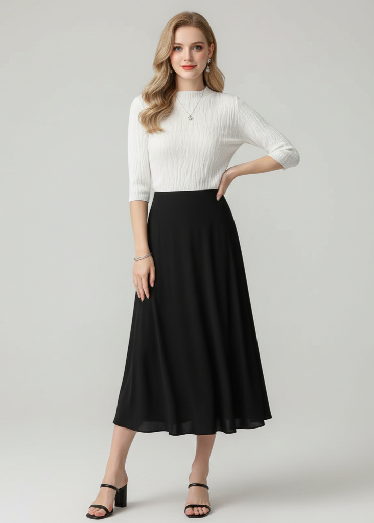 Woman wearing a white top and black skirt on a gray background