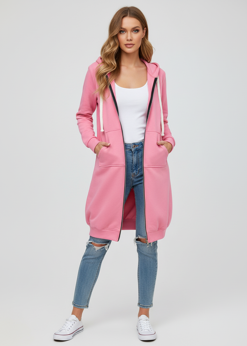 Woman wearing a pink hooded coat on a white background