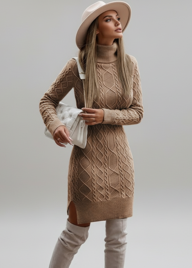 Woman wearing a brown cable knit sweater dress with a white hat and clutch against a plain background