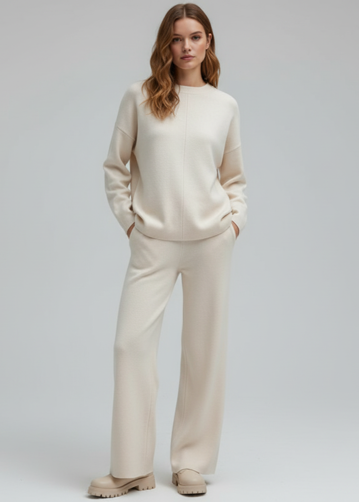 Woman wearing a beige sweater and pants on a plain background