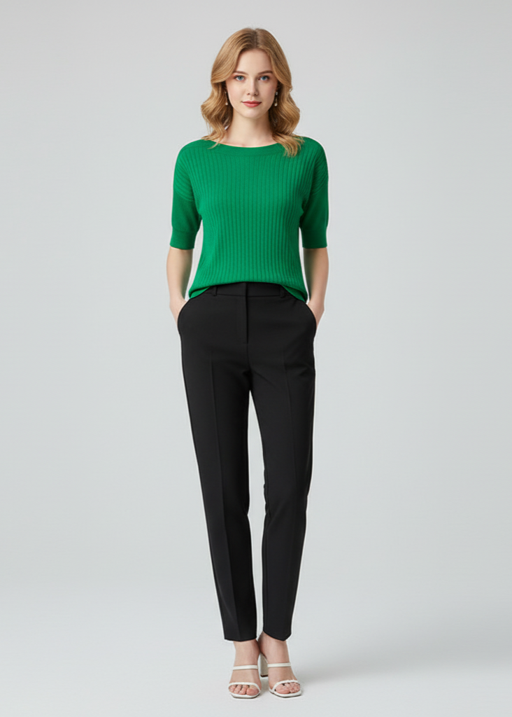 Woman wearing a green sweater and black pants on a gray background