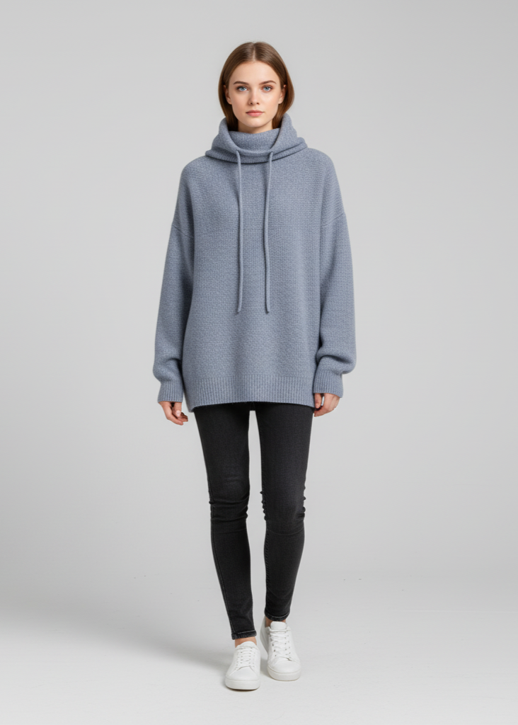 Woman wearing a gray hoodie and black pants on a light gray background