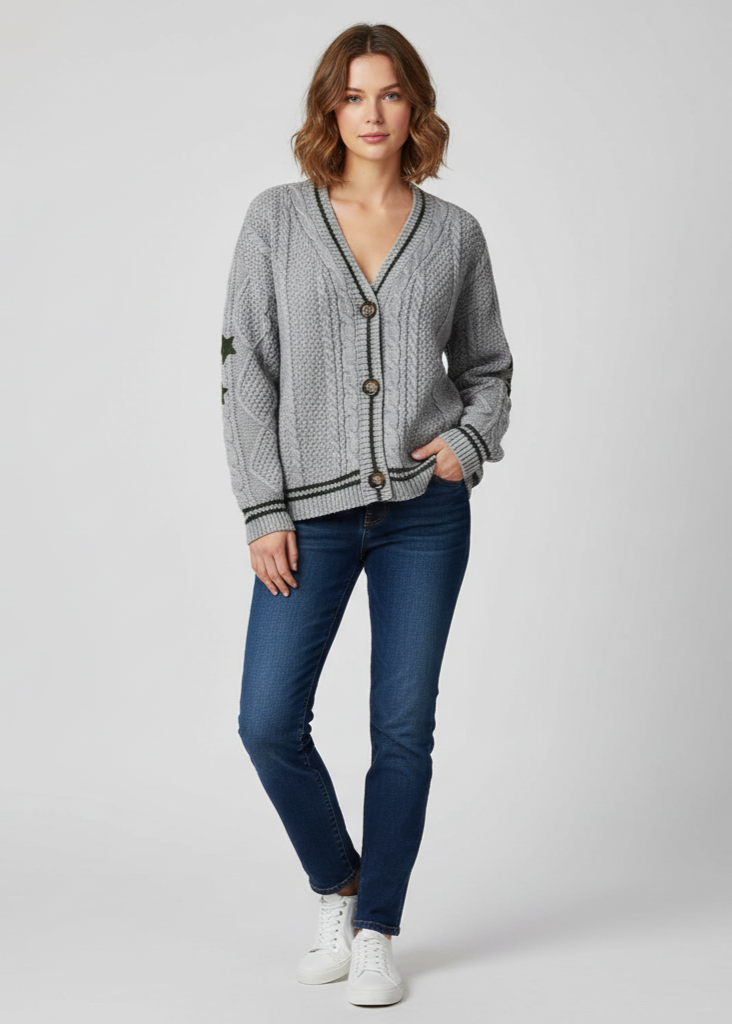 Woman wearing a gray patterned cardigan, blue jeans, and white sneakers on a light gray background